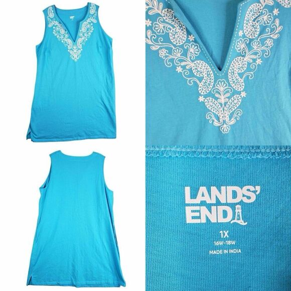 Lands End Shift Dress Women's Plus Size 1X Blue Teal Sleeveless Embroidered - Picture 1 of 9